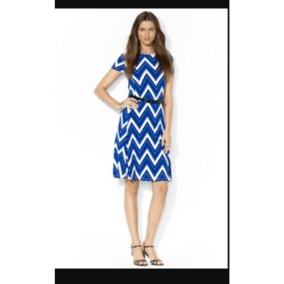 Ralph Lauren dress womens size Large Blue Chevron Short Sleeve Belted  new $159 - Picture 1 of 5